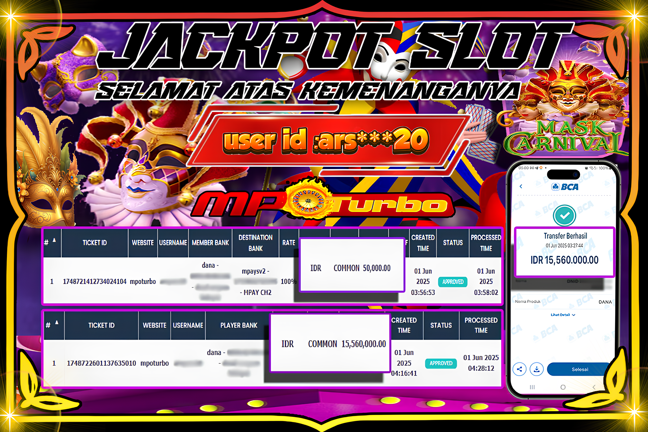 MPOTURBO JACKPOT SLOT MASK CARNIVAL - PG SOFT Rp 15,560,000.00,- LUNAS